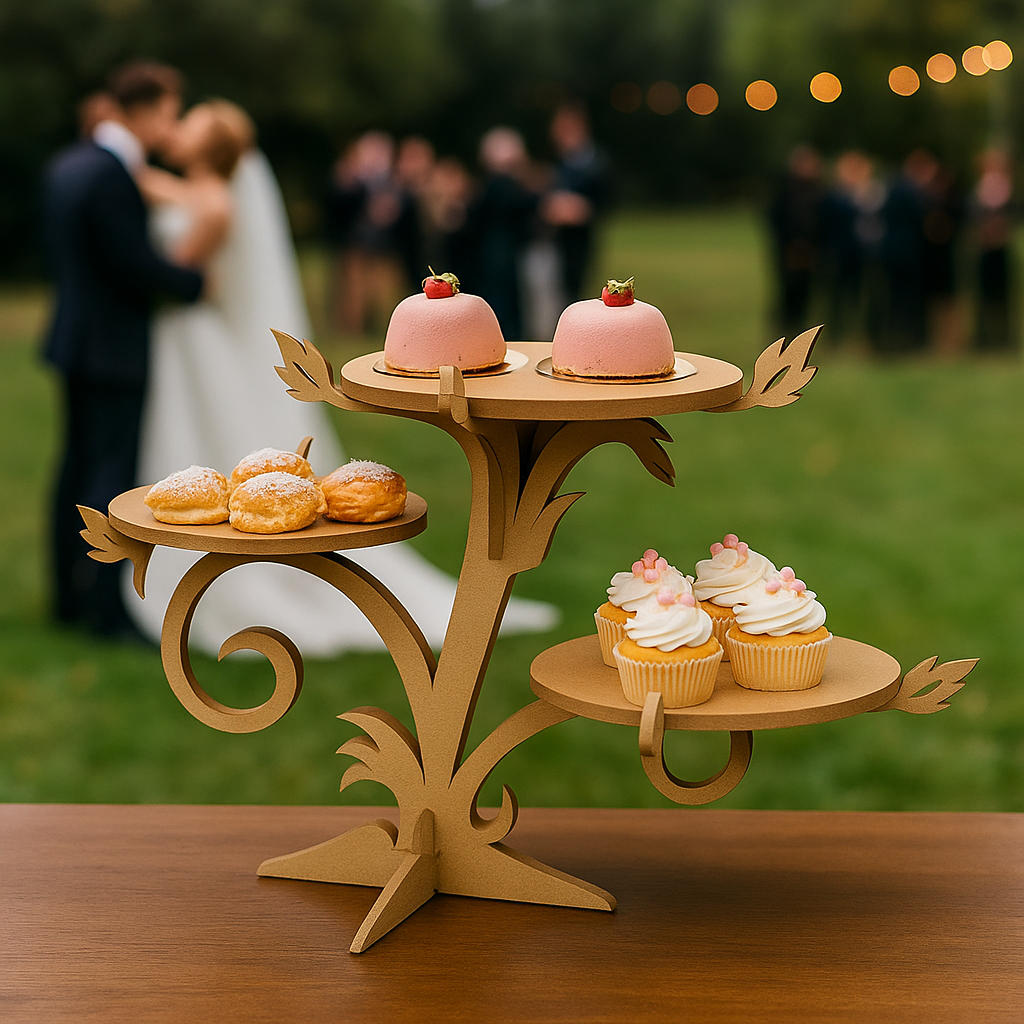 MDF three-tier dessert stand with cupcakes and pastries, perfect for weddings and parties