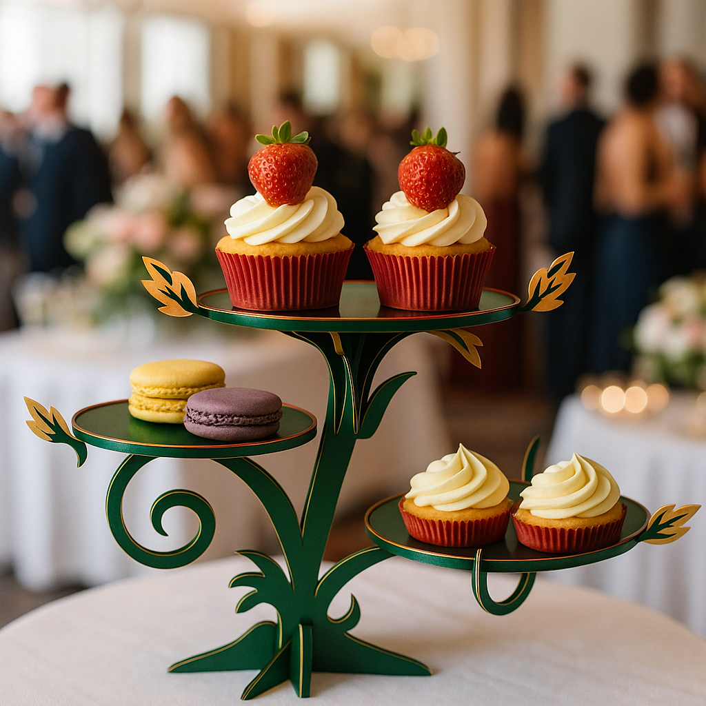 Green painted MDF dessert stand with cupcakes and macarons, elegant serving display