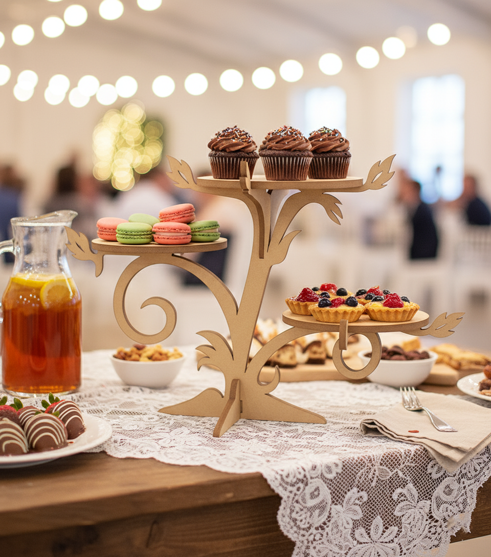 Unpainted MDF three-tier dessert stand holding cupcakes, macarons, and fruit tarts