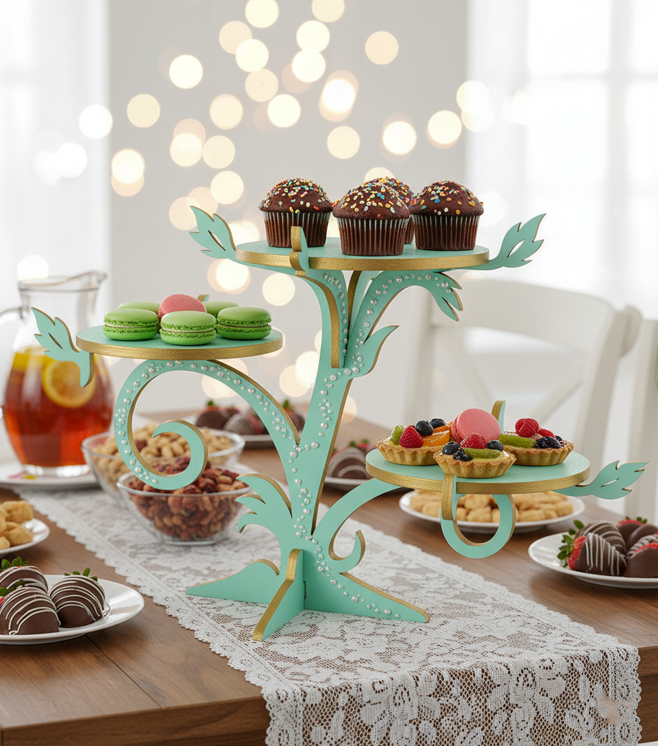 Mint green MDF dessert stand with pearl detailing, holding colorful desserts and pastries