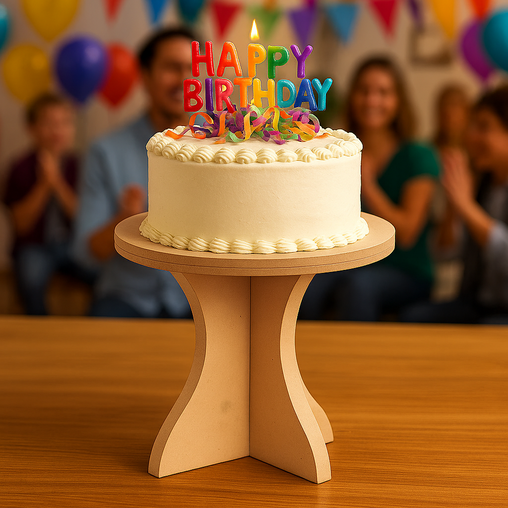 MDF cake stand with birthday cake and colorful candles, perfect for party celebrations