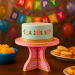 Hand-painted pink MDF cake stand with golden borders and floral patterns for elegant parties