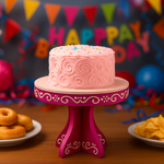 Decorative dark pink MDF cake stand with swirl design, holding pink frosted birthday cake