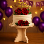 MDF cake stand with white anniversary cake decorated with red roses and golden topper