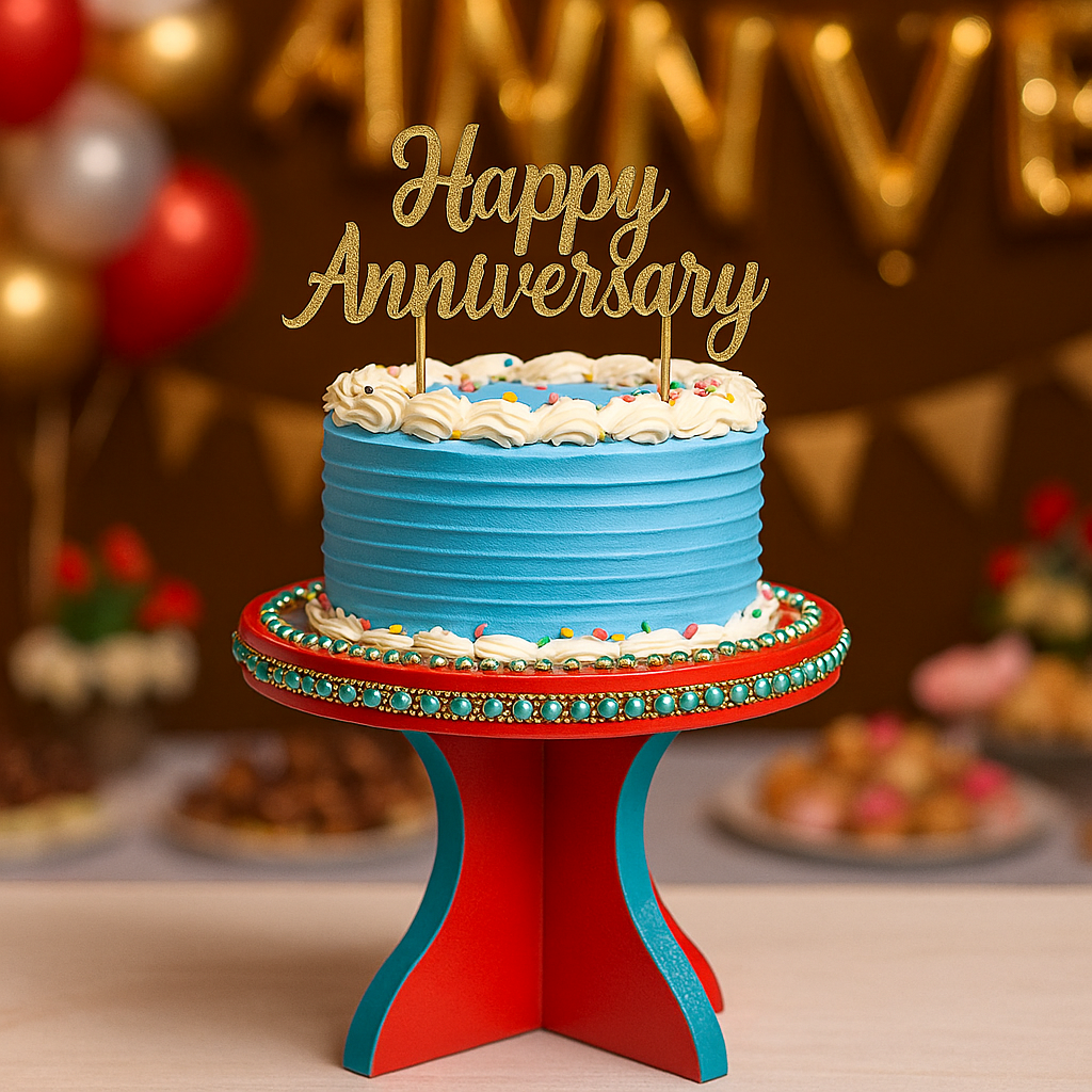 Blue and red MDF cake stand with jewel embellishments, holding blue frosted anniversary cake