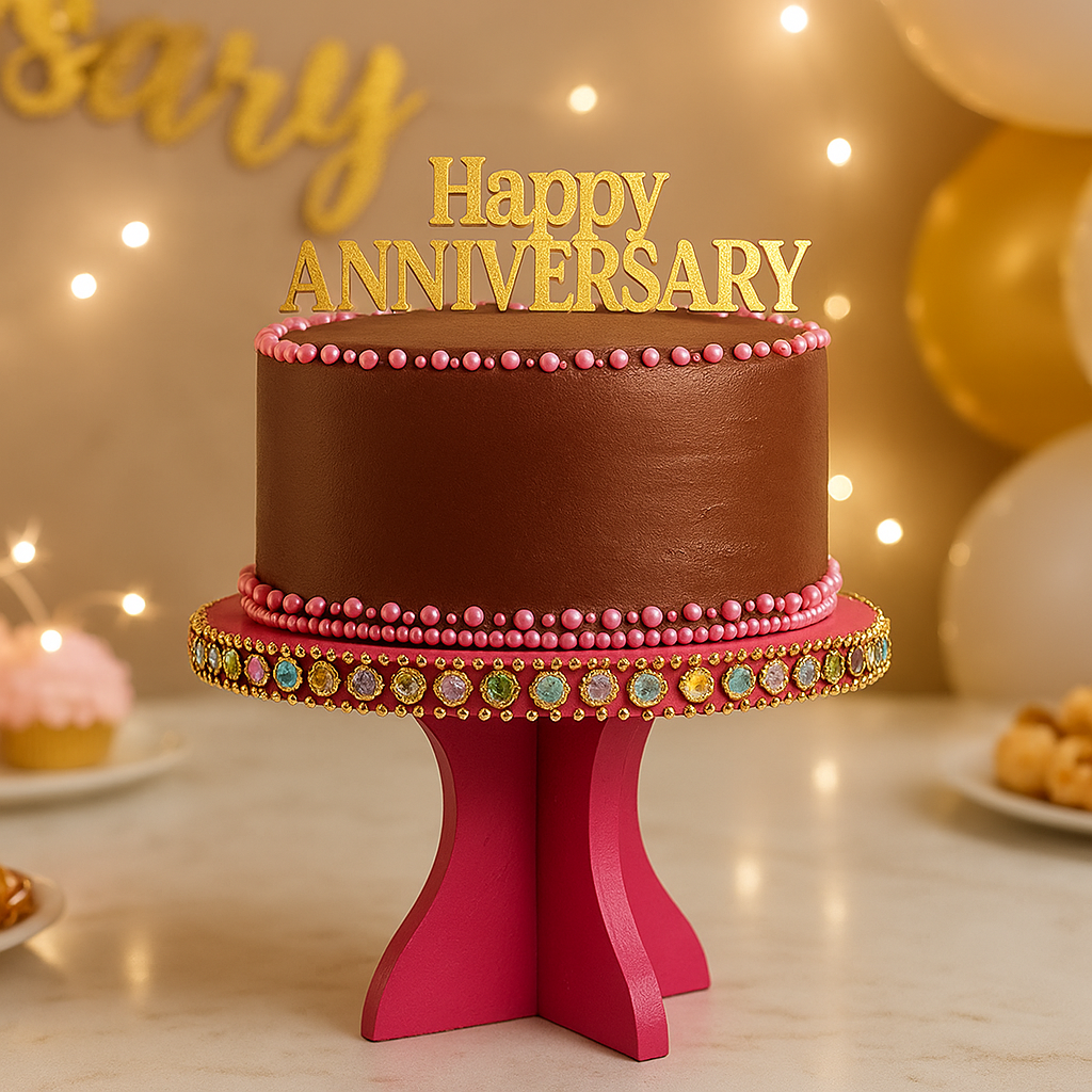Pink MDF cake stand with gem-studded border holding chocolate anniversary cake