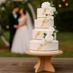 MDF round cake stand with four-tier wedding cake decorated with white flowers and gold accents