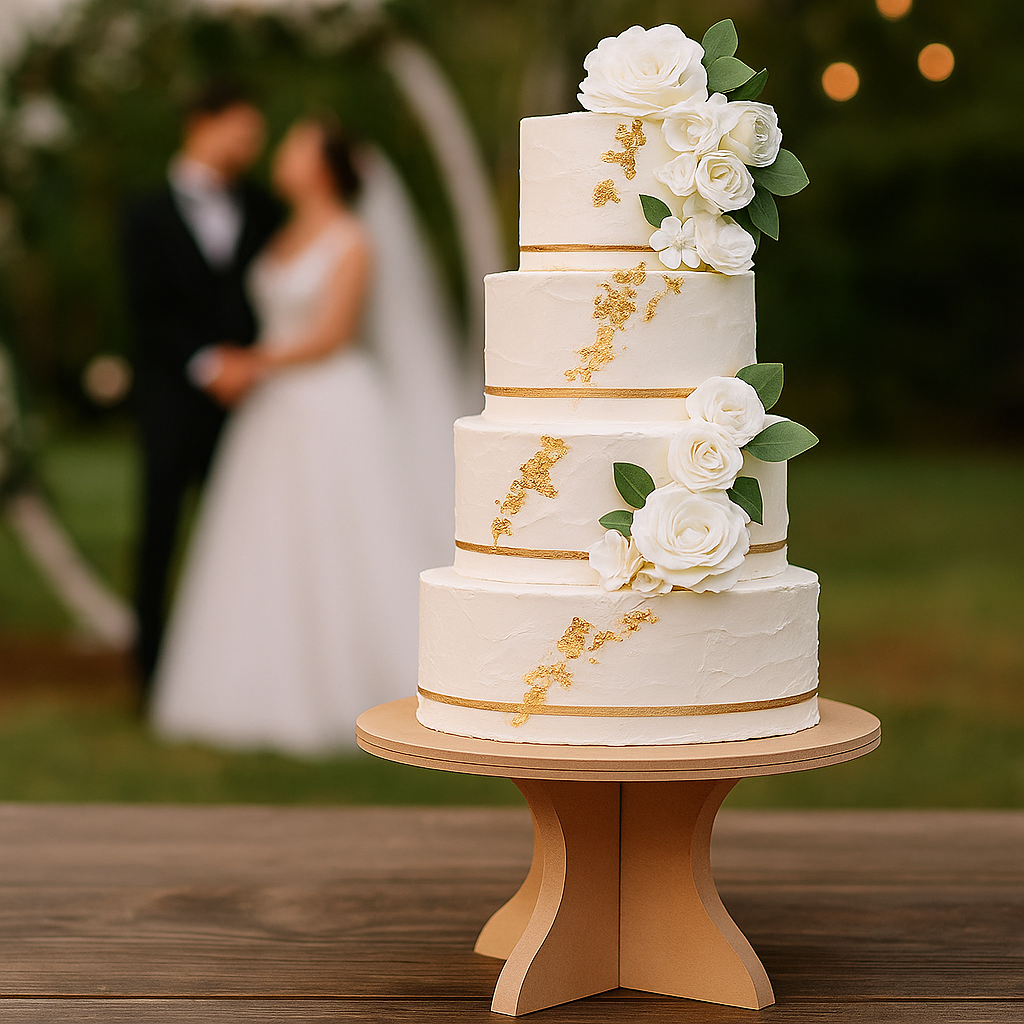 MDF round cake stand with four-tier wedding cake decorated with white flowers and gold accents