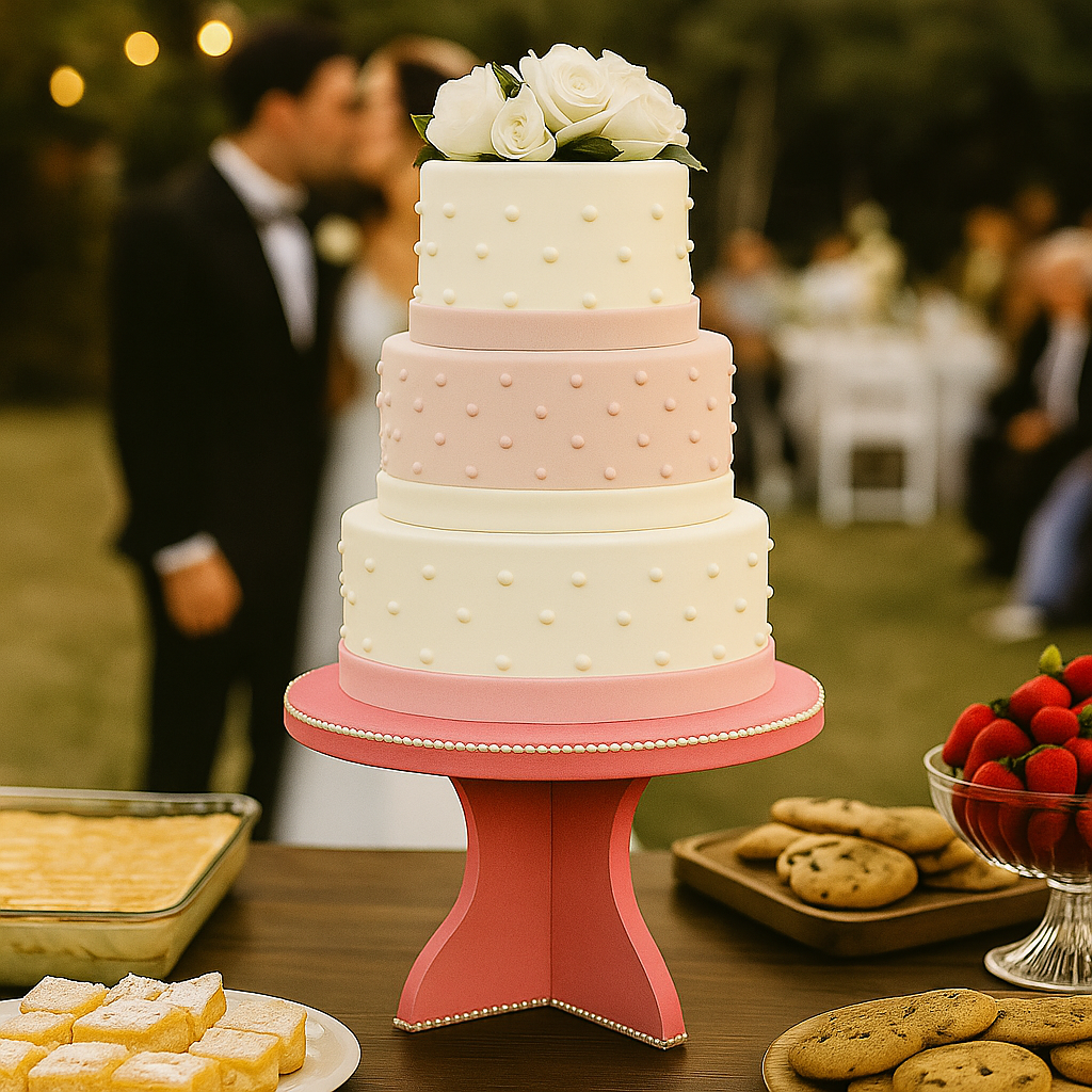 Pink painted MDF cake stand with three-tier cake decorated with pearls for celebrations