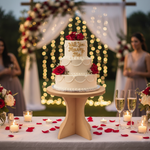 MDF cake stand holding romantic proposal cake with roses and candles at outdoor event