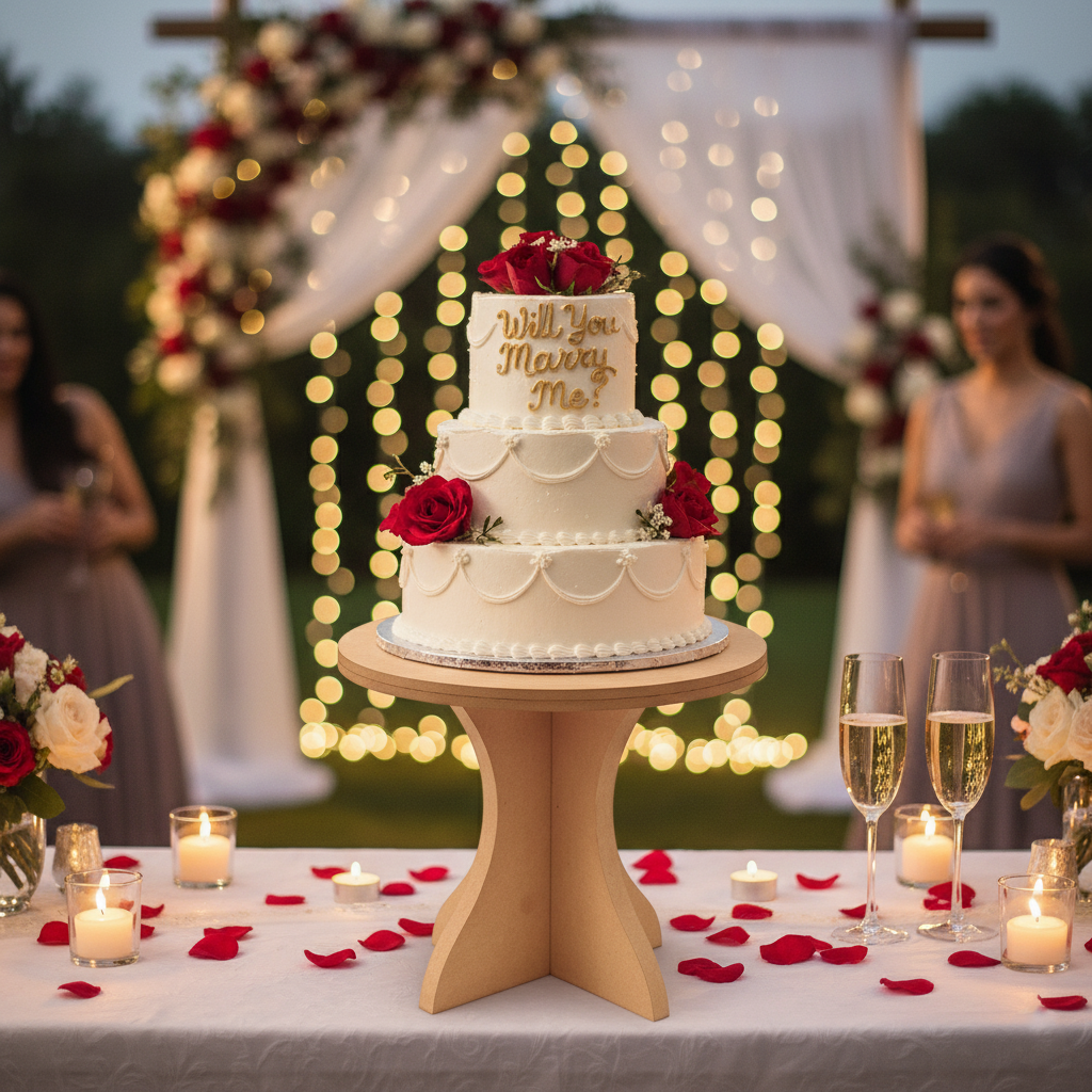 MDF cake stand holding romantic proposal cake with roses and candles at outdoor event