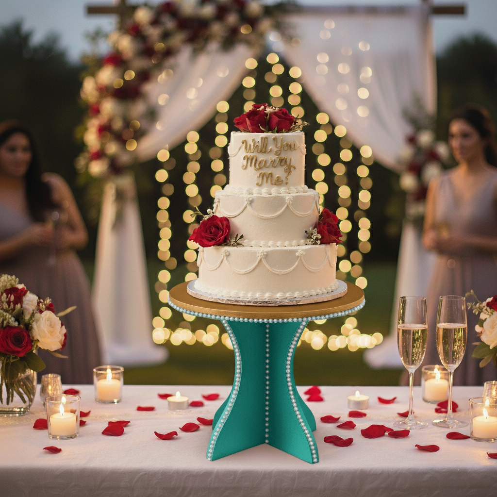 Teal and pearl-decorated MDF cake stand with elegant wedding cake centerpiece