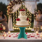 Teal and pearl-decorated MDF cake stand with elegant wedding cake centerpiece