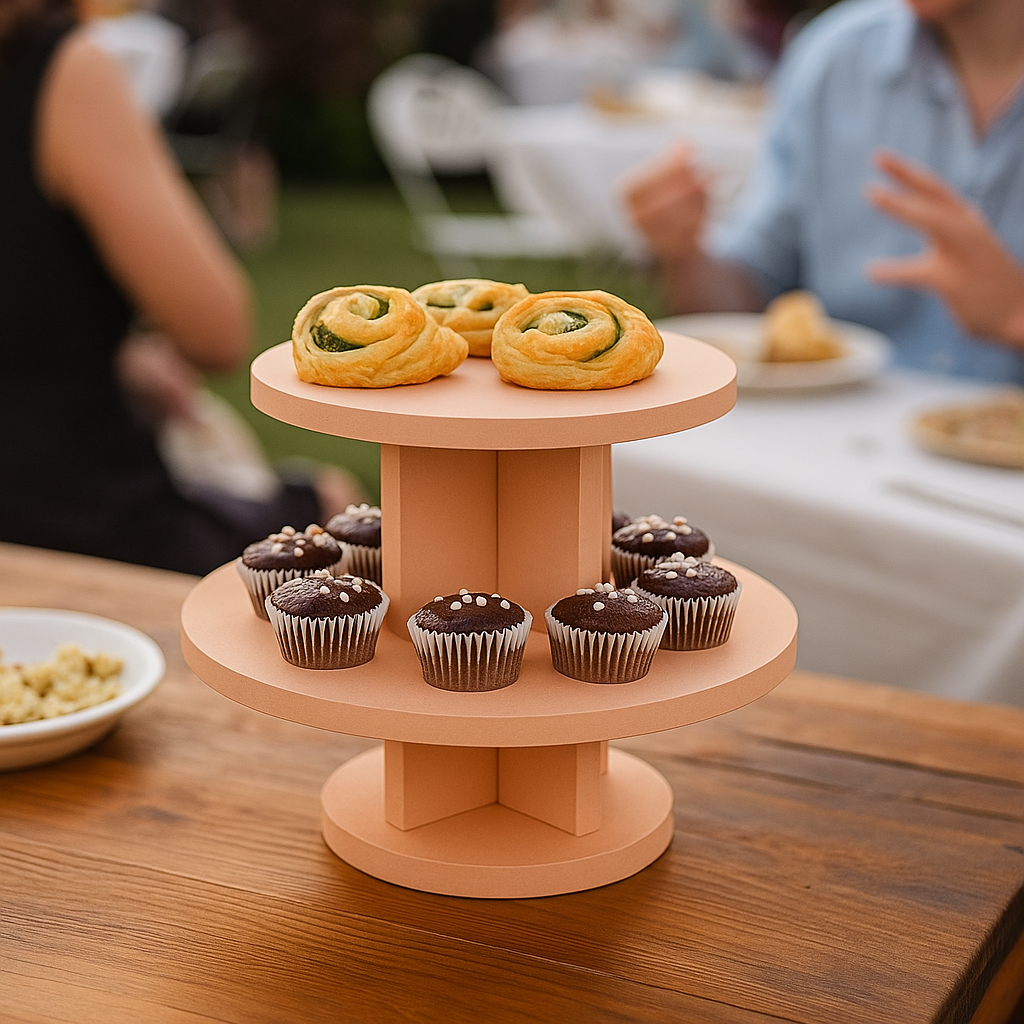 MDF 2-tier cupcake stand with chocolate cupcakes and rolls, perfect for party dessert table