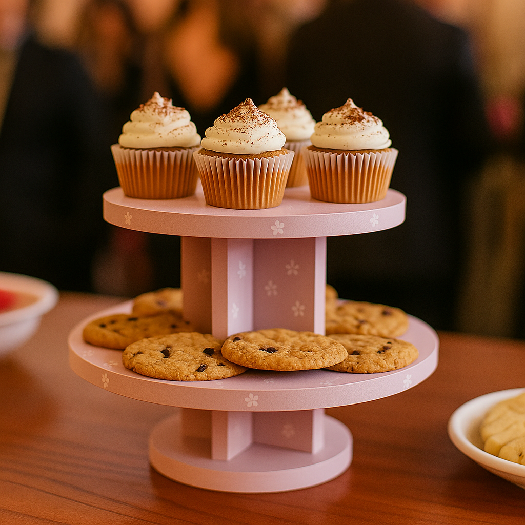 Pink MDF 2-tier cupcake stand decorated with small floral prints, holding cupcakes and cookies