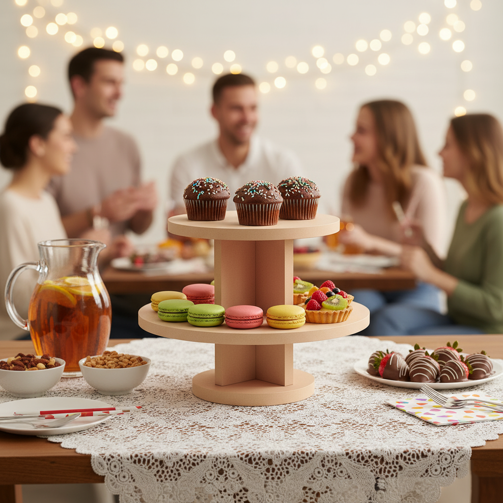 MDF 2-tier cupcake stand with macarons, tarts, and cupcakes, ideal for gatherings and parties