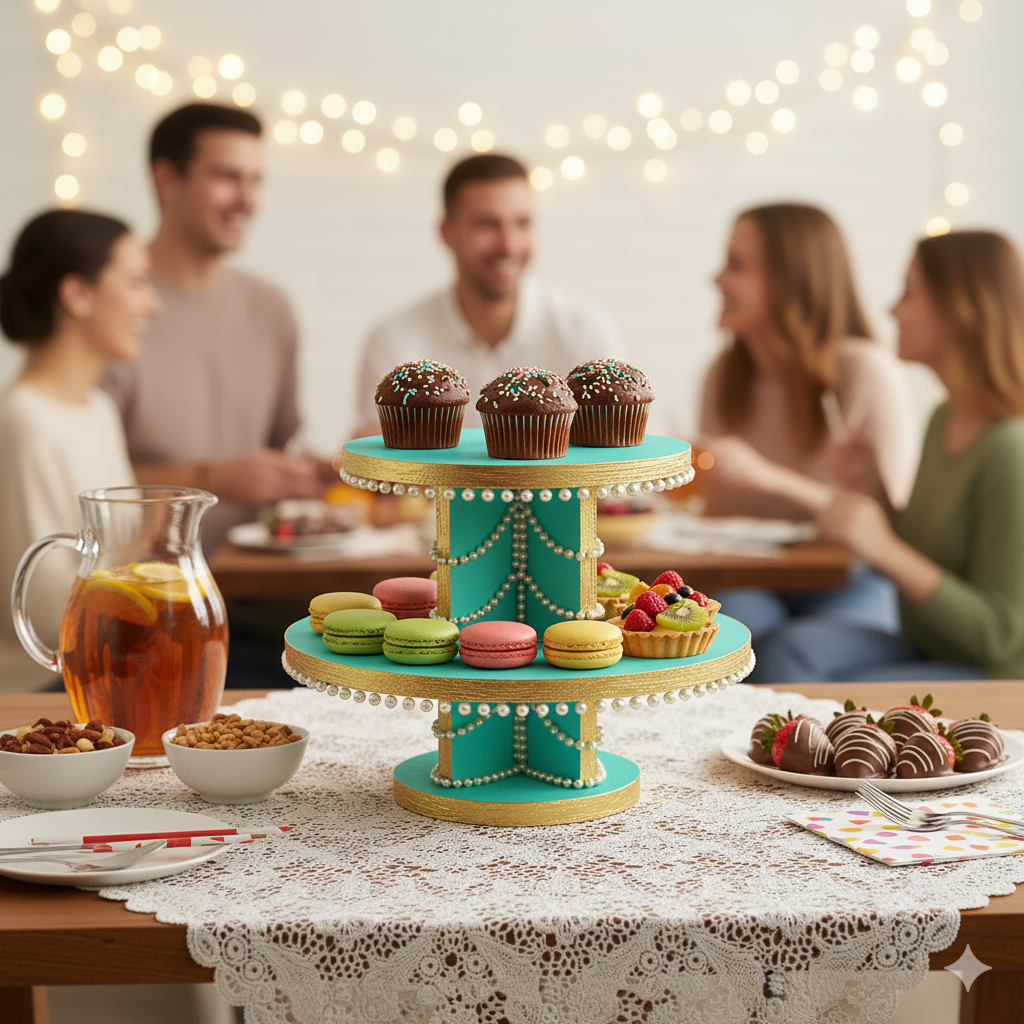 Elegant MDF 2-tier cupcake stand painted teal with gold and pearl accents for celebrations
