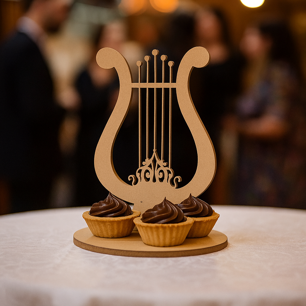MDF harp-shaped table centerpiece stand with cupcakes, unpainted DIY decor