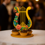 Hand-painted MDF harp centerpiece with colorful floral design, perfect for weddings or parties