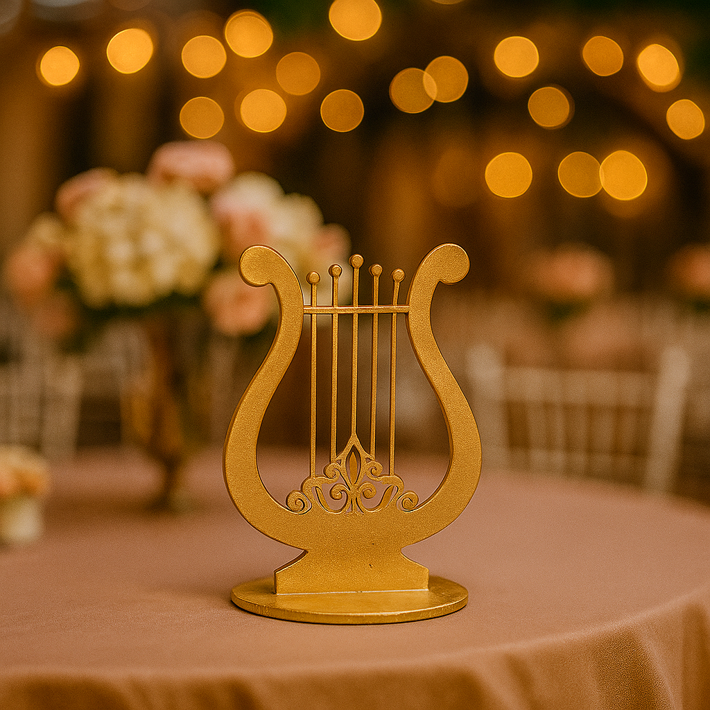 Golden painted MDF harp centerpiece stand for elegant wedding or reception decoration