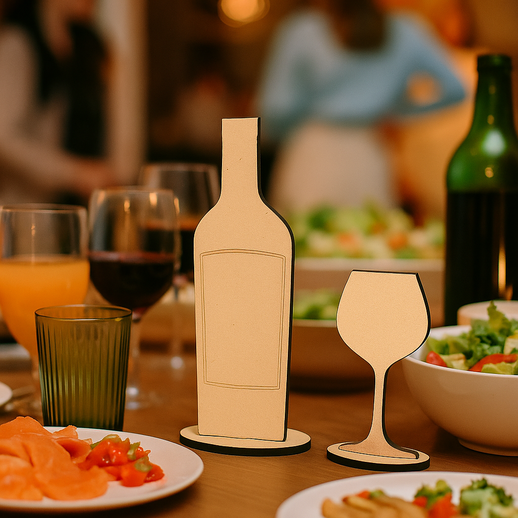 MDF wine bottle and glass table centerpiece, unpainted DIY decor for dinner parties