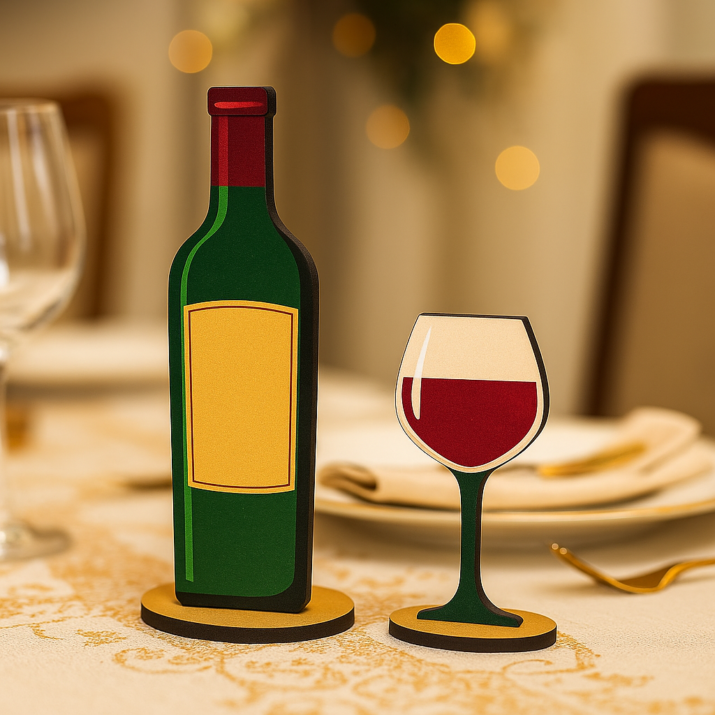 Painted MDF wine bottle and glass tabletop decor with green bottle and red wine glass