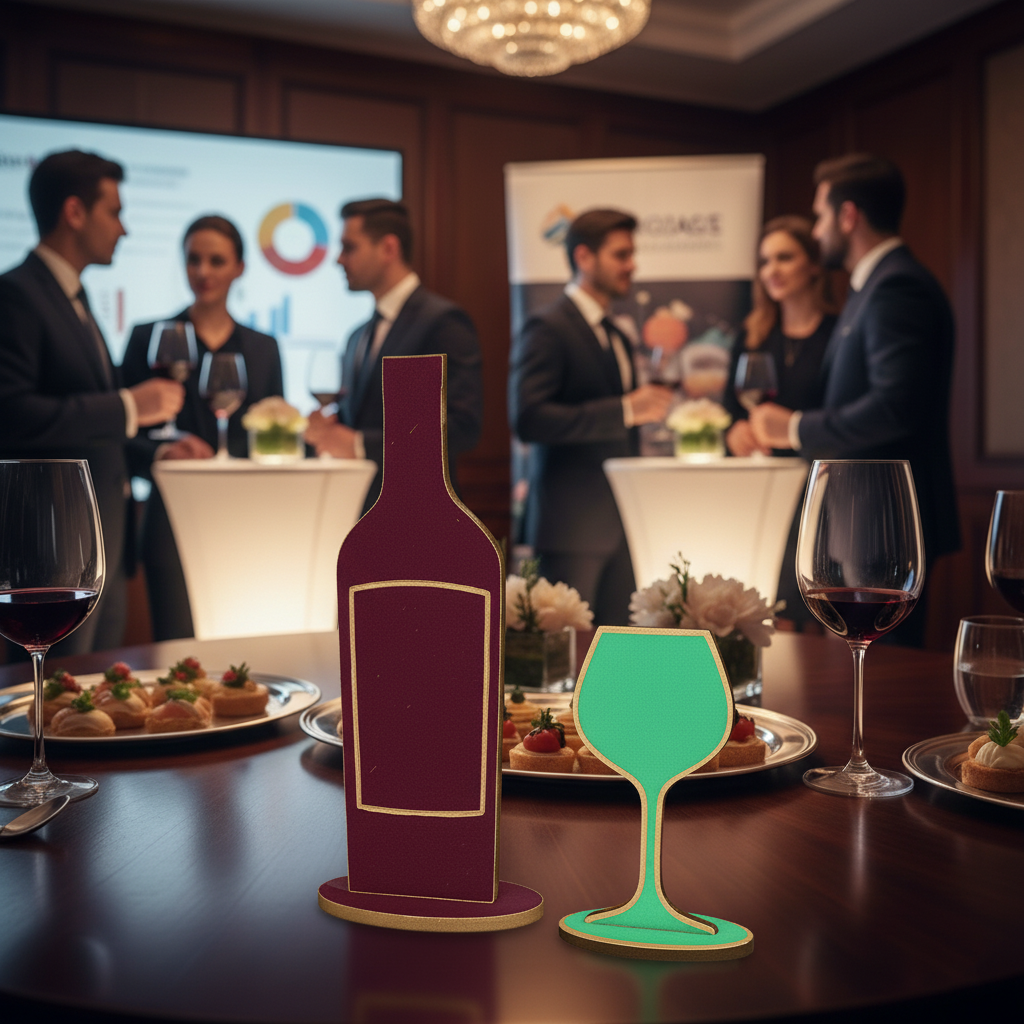 Hand-painted MDF wine bottle and glass centerpiece at formal dinner or cocktail party