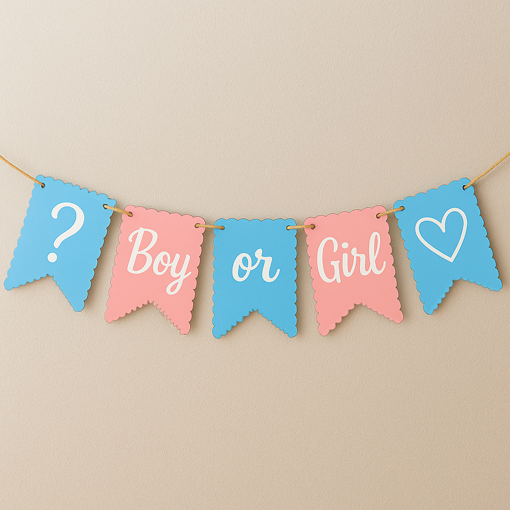 Gender reveal banner with blue and pink flags on a beige background