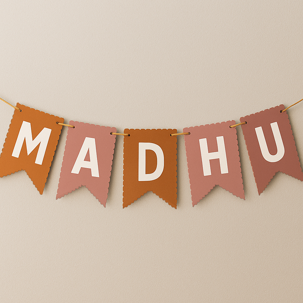 Bunting with the name 'MADHU' on a beige background