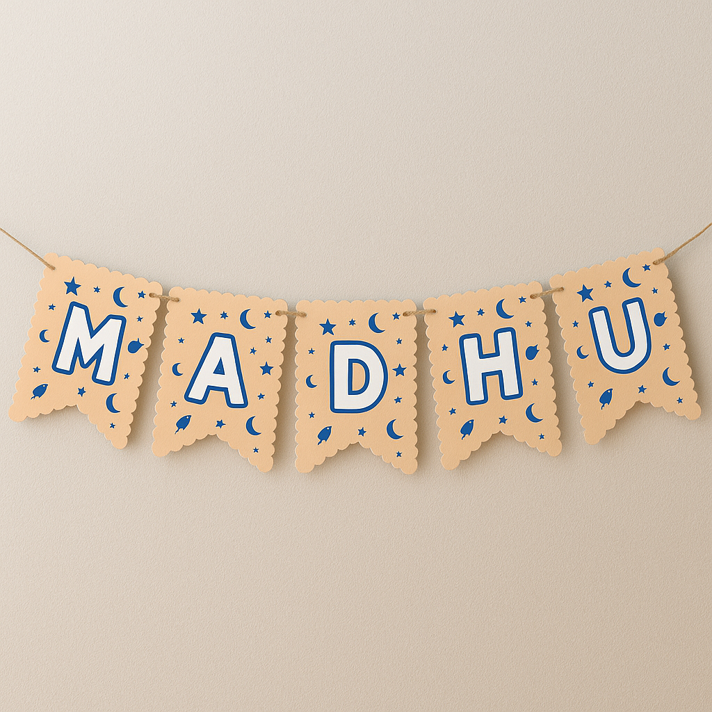Banner with the name 'MADHU' on a beige background