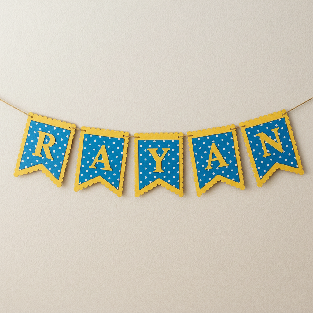 Blue and yellow name banner with 'RAYAN' on a beige background