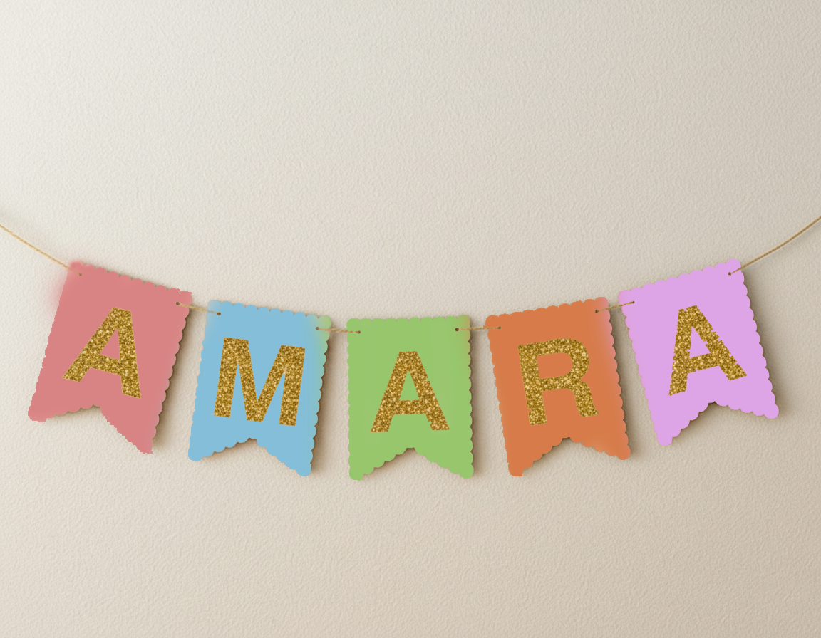 Colorful banner with 'AMARA' in glittery letters on a beige background