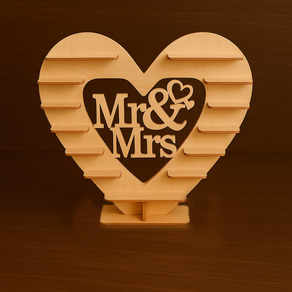 MDF heart-shaped Mr & Mrs cake stand with multiple ledges for cupcakes