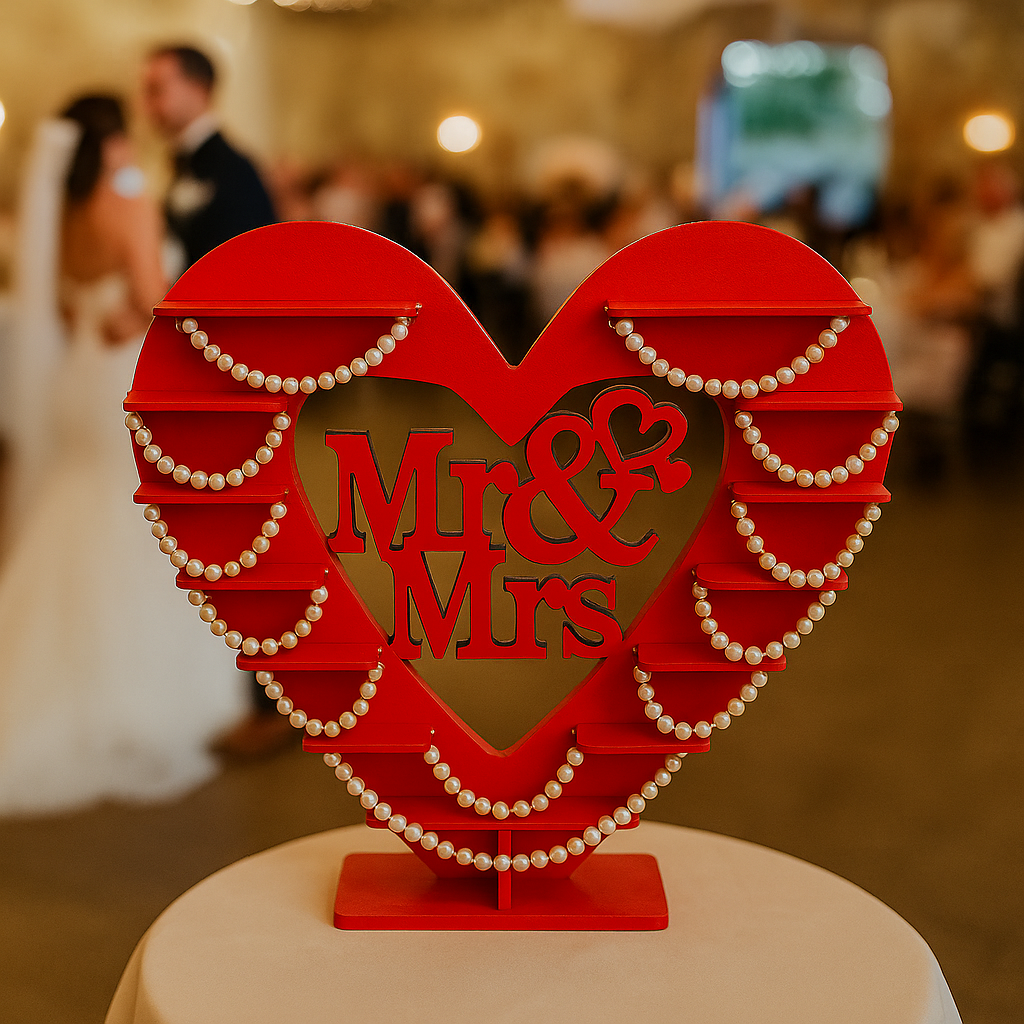 Red MDF Mr & Mrs heart cupcake stand with pearl garlands, wedding table centerpiece