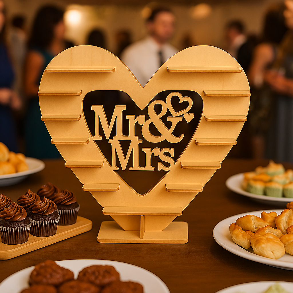 MDF Mr & Mrs heart cupcake stand displayed with desserts at wedding reception