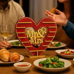 Red MDF Mr & Mrs heart-shaped cupcake stand with gold accents, elegant wedding decor