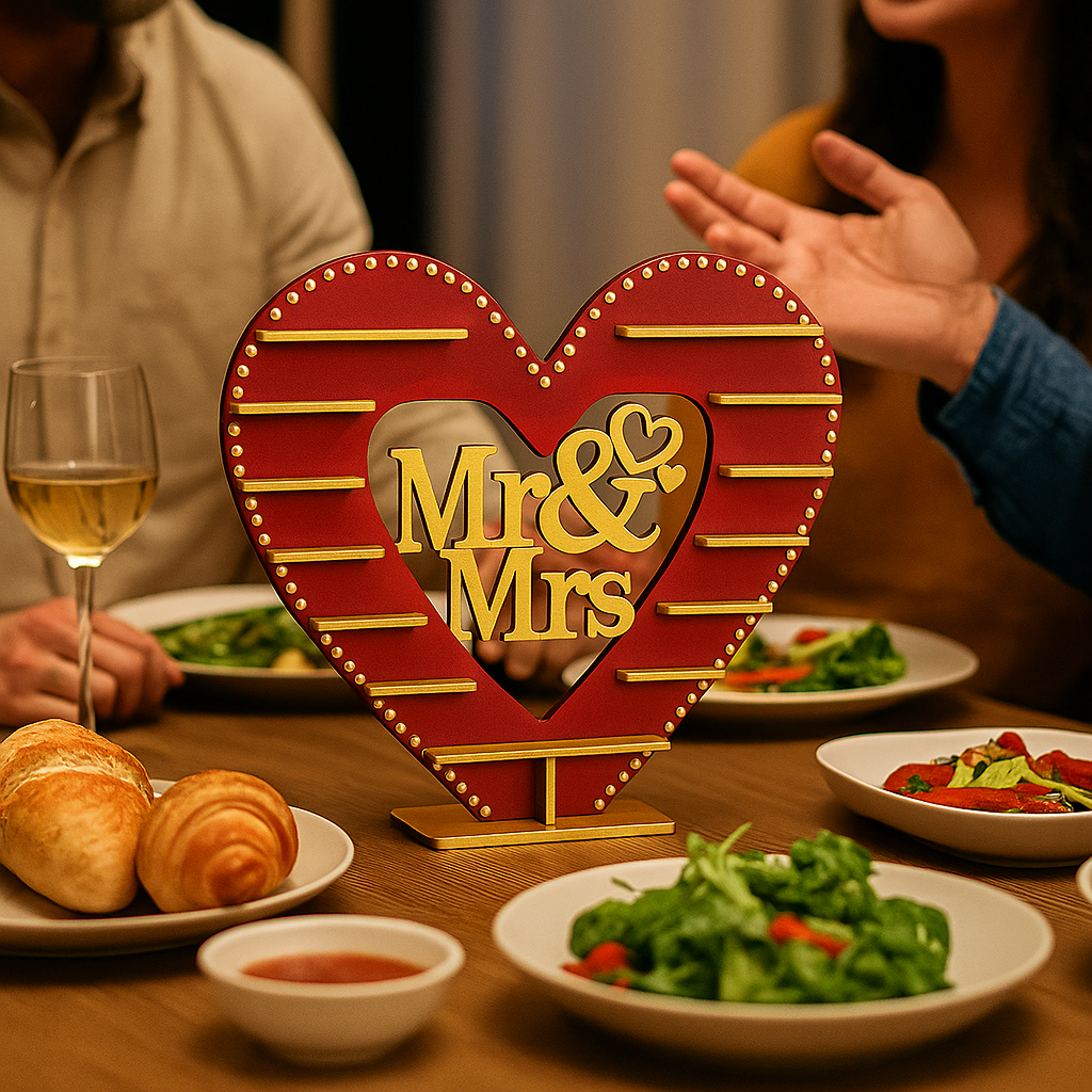 Red MDF Mr & Mrs heart-shaped cupcake stand with gold accents, elegant wedding decor