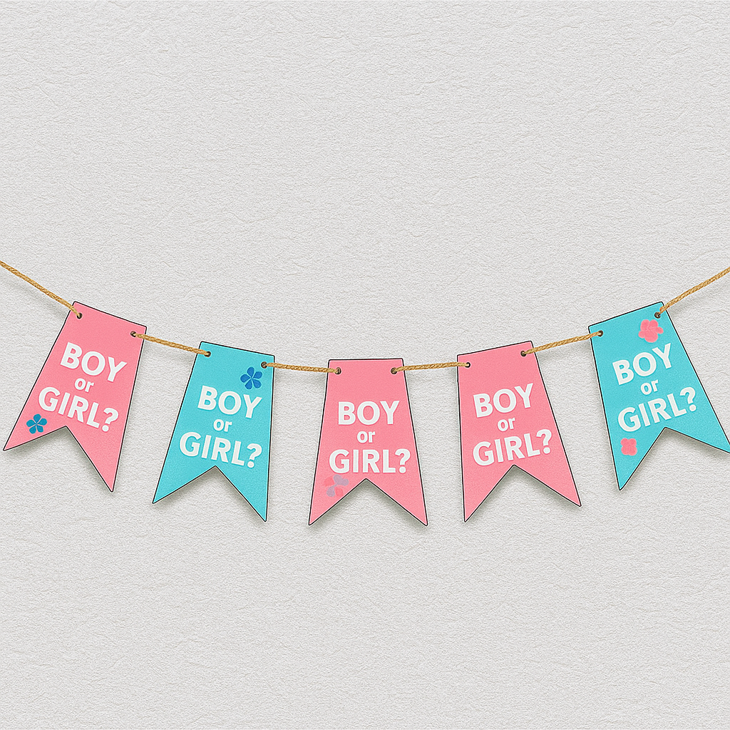Pink and blue gender reveal banner with alternating flags reading ‘BOY or GIRL