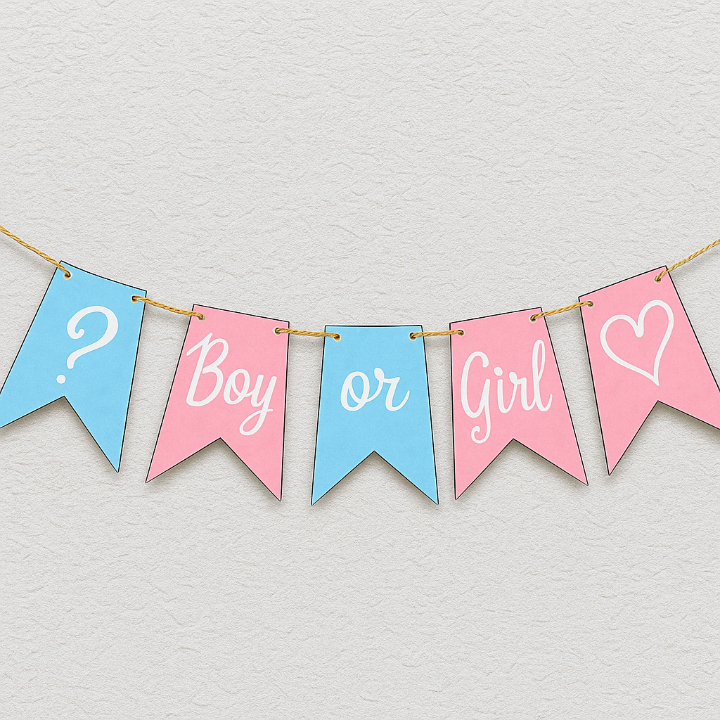 Pastel pink and blue gender reveal bunting with script text ‘? Boy or Girl