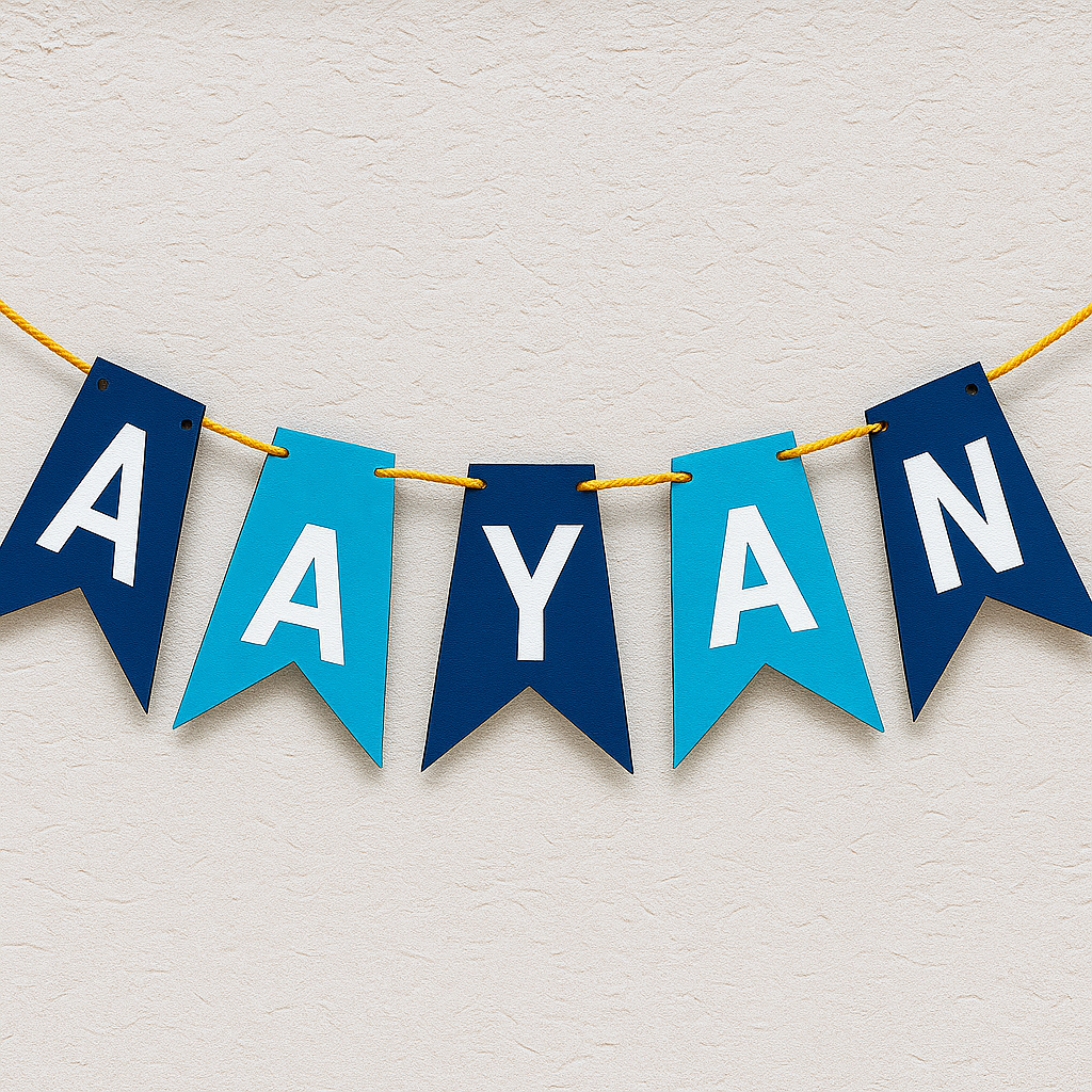 Blue and navy personalized name banner with letters spelling ‘AAYAN’