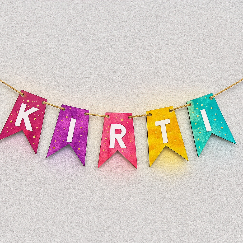 Colorful gradient name bunting with bold white letters spelling ‘KIRTI