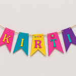 Multicolor decorated name banner with 3D letters and embellishments spelling ‘KIRTI’