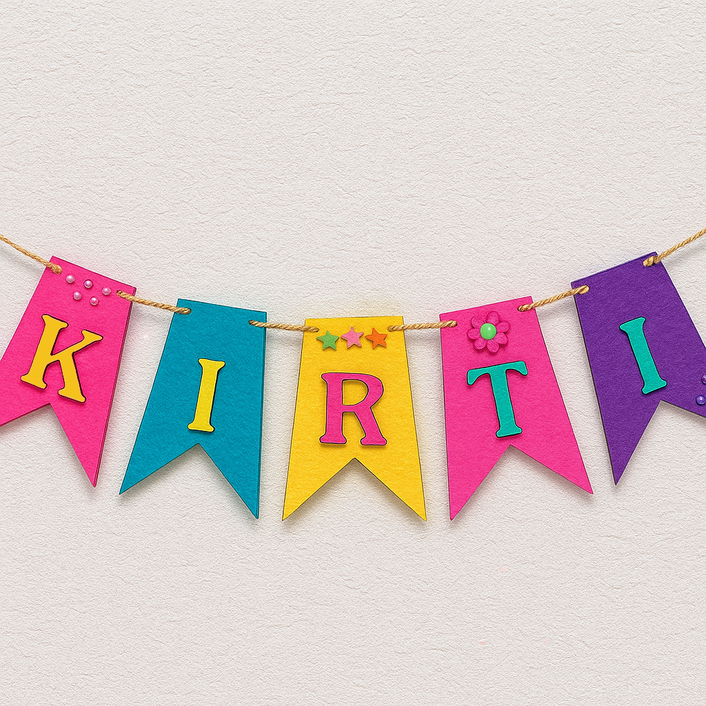 Multicolor decorated name banner with 3D letters and embellishments spelling ‘KIRTI’