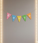Colorful triangle banner with letters spelling KAVYA in pastel shades.