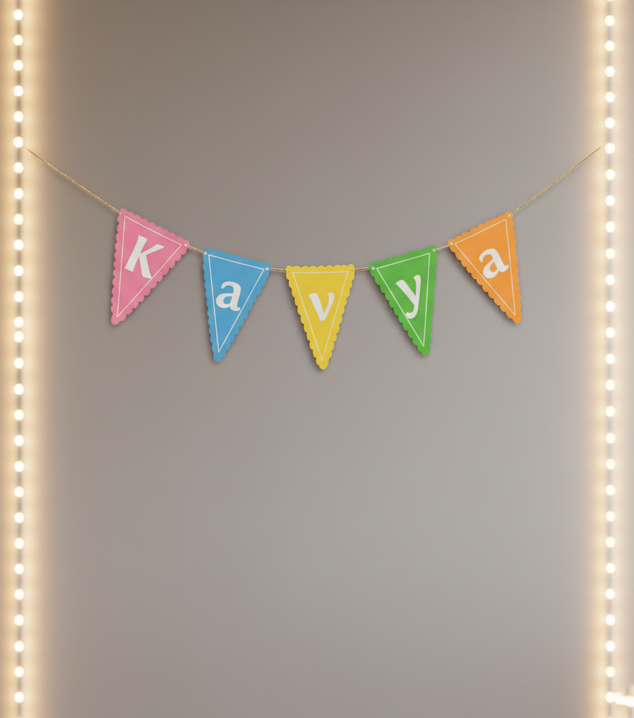 Colorful banner with letters spelling 'Kavya' hanging on a gray wall with string lights.