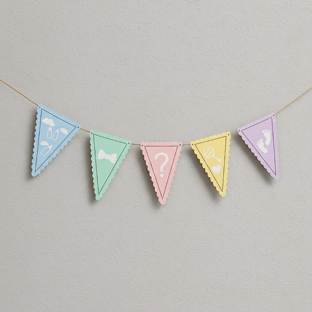 Pastel gender reveal banner with baby icons and question mark.