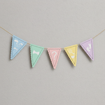 Pastel gender reveal banner with baby icons and question mark.