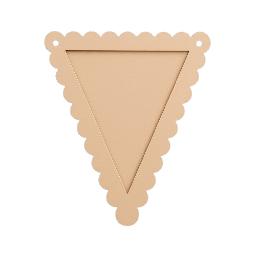 Triangular beige banner with scalloped edge on a white background