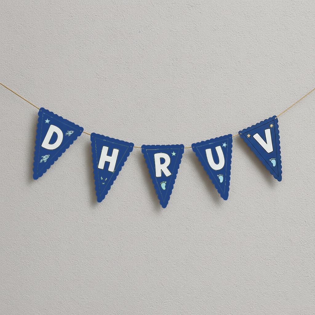 Dark blue triangle banner with letters spelling DHRUV and small space-themed icons.