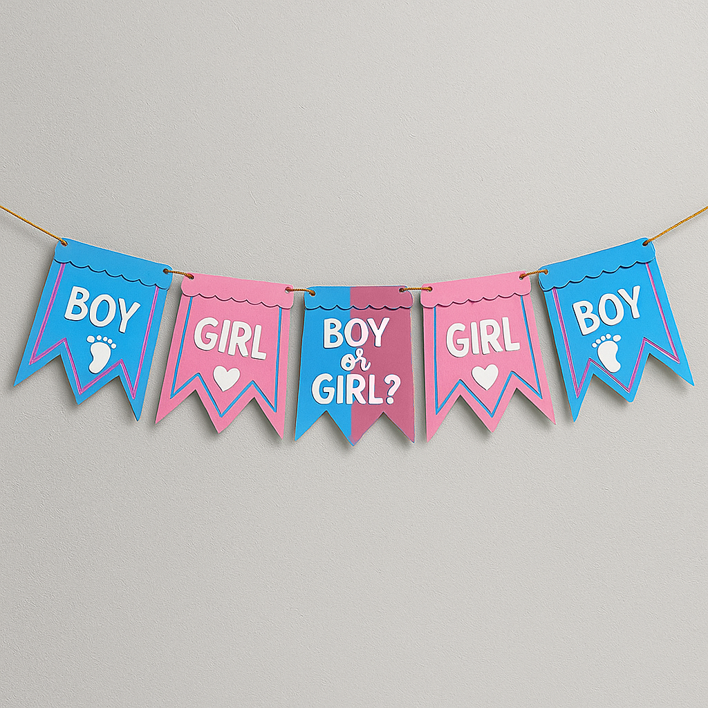 Gender reveal banner with alternating pink and blue flags reading 'Boy or Girl